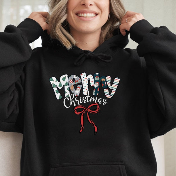 Patterned Lettering Holiday Hoodie, Merry Christmas Hoodie, Festive Winter Graphic Hoodie, Comfy Xmas Pullover Sweatshirt, Ho