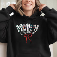 Patterned Lettering Holiday Hoodie, Merry Christmas Hoodie, Festive Winter Graphic Hoodie, Comfy Xmas Pullover Sweatshirt, Holiday Party Present