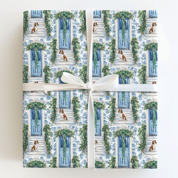 Blue Chinoiserie Toile Gift Wrap, Cavalier King Charles Spaniel Wrapping Paper, Dog Christmas Wrapping Paper, Holiday Pet Gif