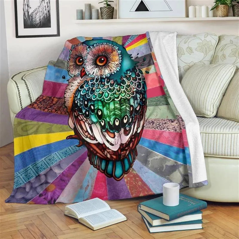 Vibrant Patchwork Bird Fleece Blanket, Colorful Owl Throw Blanket, Whimsical Night Owl Bedspread, Comfy Bedroom Couch Throw, Christmas Present