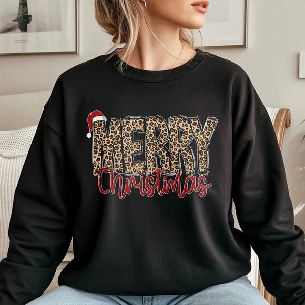 Santa Hat Holiday Crewneck, Merry Christmas Leopard Sweatshirt, Adorable Leopard Print Christmas Sweatshirt, Festive Winter P