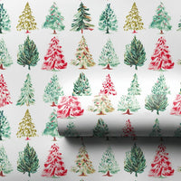 Pine Holiday Gift Wrap Paper, Watercolor Christmas Tree Wrapping Paper, Red Green Gold Gift Wrap Roll, Festive Present Wrapping Paper