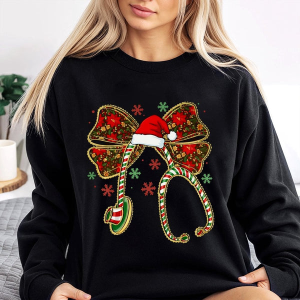 Coquette Bow Stethoscope Crewneck, Christmas Nurse Sweatshirt, Adorable RN Nursing Holiday Sweater, Medical Hospital Staff Xm