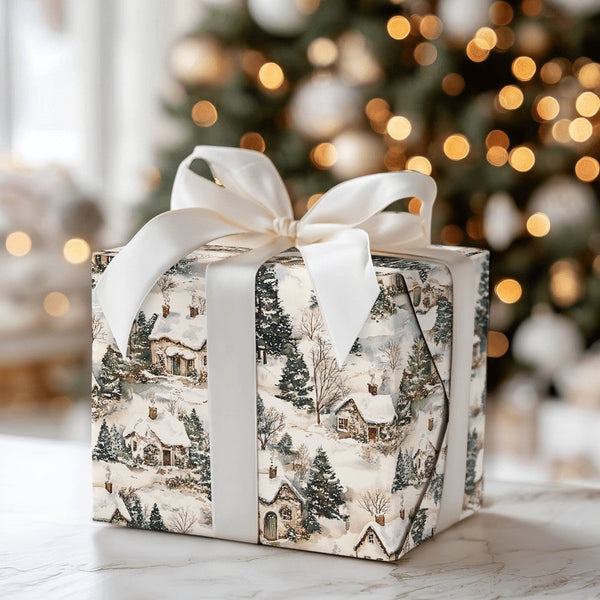 Snowy Cottage Gift Wrap, Vintage Winter Village Wrapping Paper, Retro Christmas Wrapping Paper Roll, Nostalgic Holiday Presen