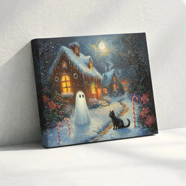 Holiday Cottage Black Cat Canvas Print, Christmas Ghost Canvas Wall Art, Whimsical Candy Cane Wall Canvas, Spooky Xmas Decor,