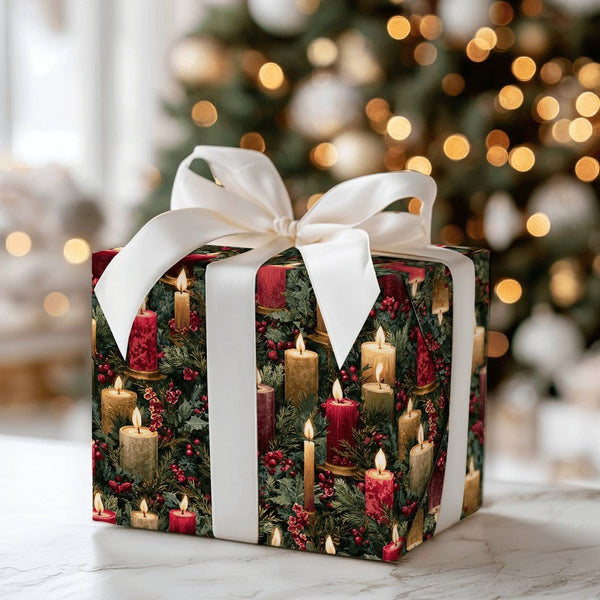 Holly Berry Gift Wrap, Vintage Christmas Candle Wrapping Paper, Traditional Holiday Present Wrap, Festive Winter Botanical Wr