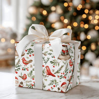 Red Birds Winter Holiday Gift Wrap, Watercolor Santa Claus Wrapping Paper, Holly Branch Christmas Wrapping Paper, Festive Present Wrap Roll
