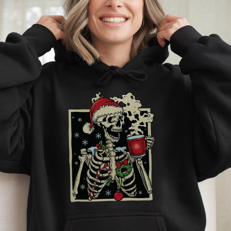Humorous Holiday Coffee Sweatshirt, Dead Inside but Jolly Christmas Skeleton Hoodie, Spooky Creepy Xmas Pullover, Skeleton Coffee Lover Sweater