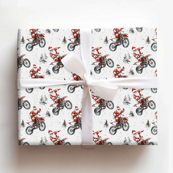 Dirt Bike Santa Tricks Gift Wrap, Motocross Santa Christmas Wrapping Paper, Winter Motorcycle Wrapping Paper, Biker Holiday G