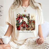 Rustic Western Barn Cowgirl Holiday Shirt, Small Town Christmas T-Shirt, Vintage Country Xmas Graphic Tee, Southern Winter T-Shirt