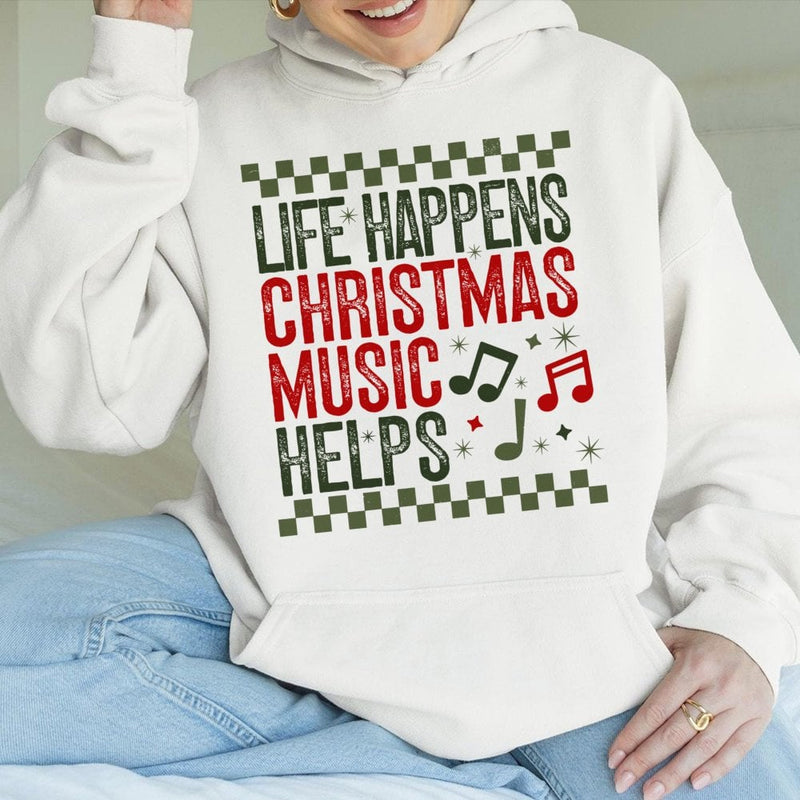 Retro Holiday Music Hoodie, Life Happens Christmas Music Helps Hoodie, Festive Christmas Song Sweatshirt, Adorable Xmas Music Lover Pullover