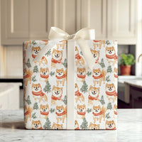 Red Scarf Dog Gift Wrap Paper, Shiba Inu Christmas Wrapping Paper, Winter Pine Tree Present Paper, Adorable Pet Lover Holiday Wrapping Paper