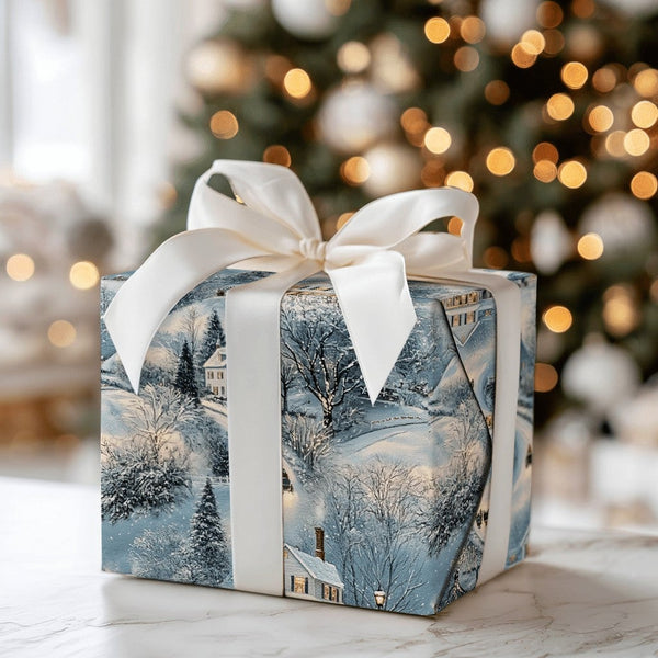 Snowy Village Holiday Gift Wrap, Horse Drawn Sleigh Christmas Wrapping Paper, Twilight Winter Wrapping Paper, Rustic Holiday 