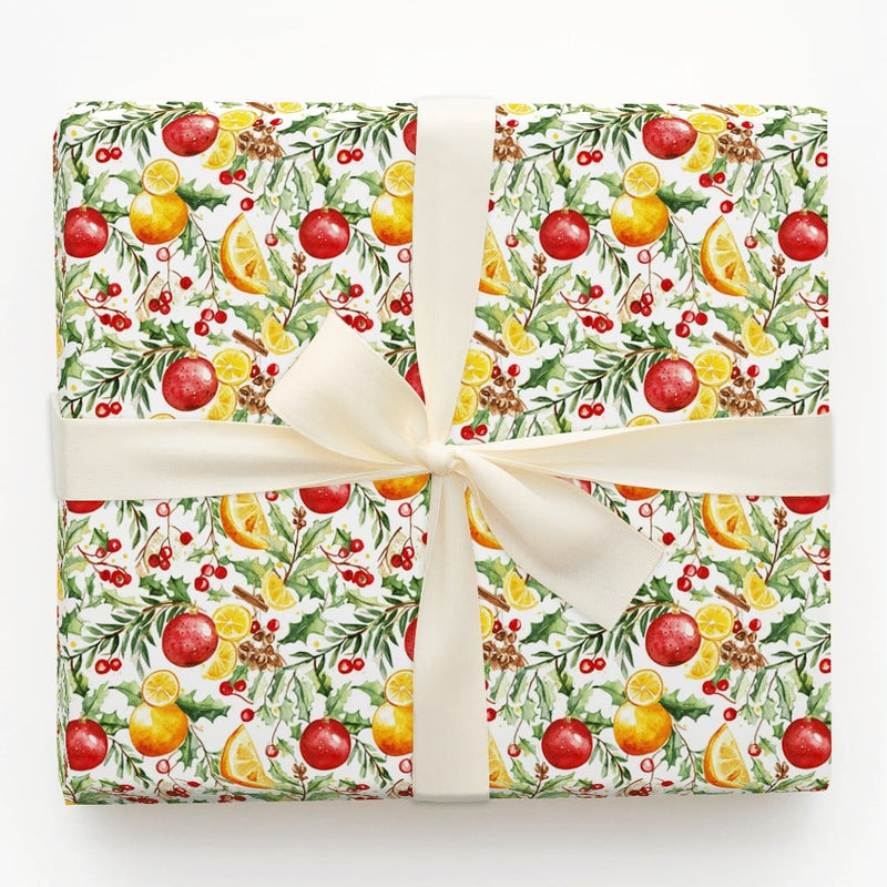Orange Slice Christmas Gift Wrap, Watercolor Citrus Holly Wrapping Paper, Botanical Pinecone Wrapping Paper, Holiday Present Wrapping Paper