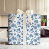 Coastal Blue Toile Christmas Gift Wrap, Tropical Santa Wrapping Paper, Beach Holiday Present Paper, Coastal Christmas Wrapping Paper Roll