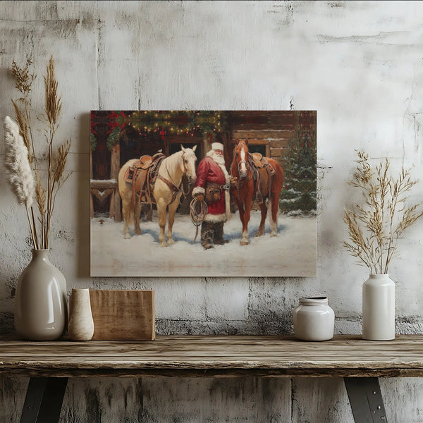 Western Christmas Wall Art, Cowboy Santa Canvas Print, Rustic Barn and Horses Canvas, Holiday Country Wall Decor, Western Hol