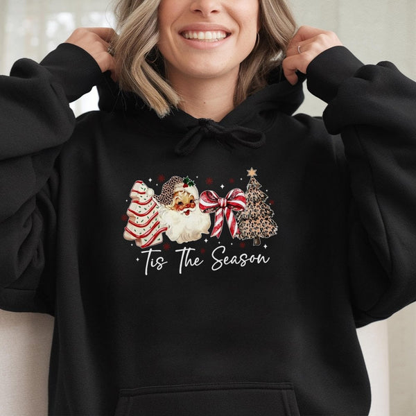 Leopard Print Santa Hat Tree Hooded Sweatshirt, Tis the Season Christmas Hoodie, Preppy Cheetah Xmas Pullover, Festive Winter