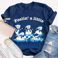 Humorous Christmas Snowman T-Shirt, Feelin a Little Frosty Snowman Shirt, Retro Holiday Graphic Tee, Adorable Winter Snowman Xmas Crew Tee