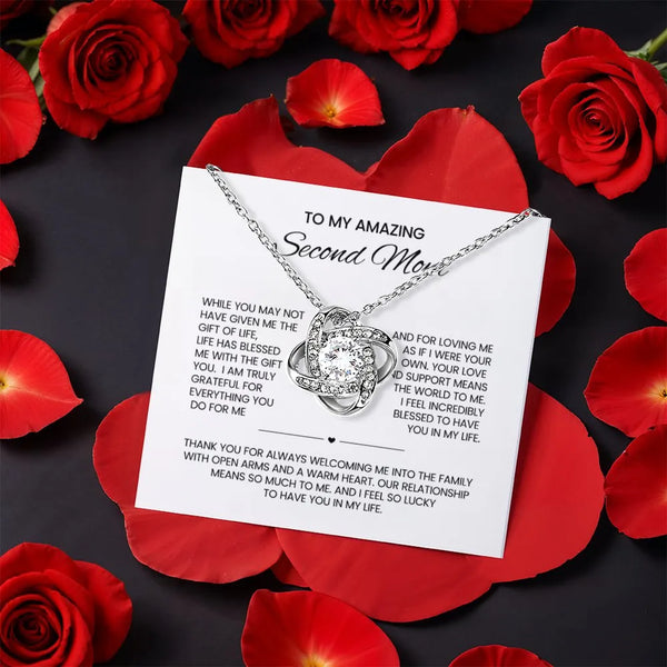 Second Mom CZ Crystal Pendant Necklace, Bonus Mom Love Knot Necklace, White Gold Finish Knot Necklace, Christmas Present for 
