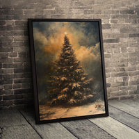 Moody Winter Oil Painting Canvas, Christmas Tree Canvas Wall Art, Vintage Winter Landscape Canvas Print, Rustic Holiday Decor