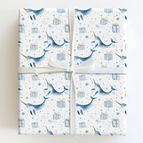 Adorable Narwhal Christmas Gift Wrap, Watercolor Narwhal Wrapping Paper, Winter Wonderland Narwhal Wrapping Paper, Holiday An