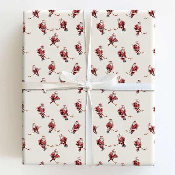 Ice Hockey Christmas Gift Wrap, Hockey Santa Wrapping Paper, Watercolor Santa Present Paper, Winter Sports Holiday Wrap, Hock