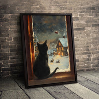 Santa Sleigh Snowy Village Canvas Wall Art, Black Cat Christmas Canvas Print, Festive Holiday Kitten Wall Decor, Adorable Winter Pet Lover Present