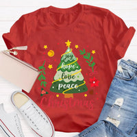 Joy Hope Love Peace Holiday Graphic Tee, Christmas Tree T-Shirt, Retro Xmas Tree Shirt, Festive Holiday Apparel Present