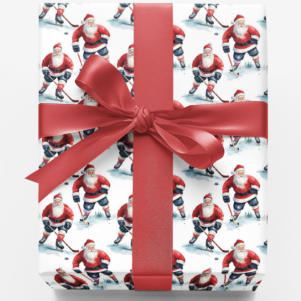 Ice Hockey Gift Wrap, Santa Hockey Christmas Wrapping Paper, Sporty Skating Santa Present Paper, Winter Sports Holiday Wrap, 