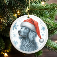 Blue Dog in Santa Hat Ornament, Cocker Spaniel Christmas Ornament, Adorable Pet Holiday Tree Ornament, Dog Lover Ceramic Keepsake Present