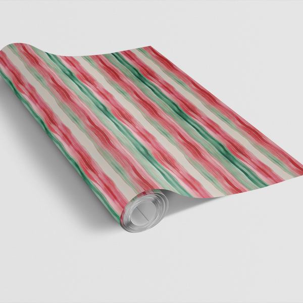 Festive Christmas Gift Wrap Roll, Watercolor Red and Green Stripes Wrapping Paper, Holiday Striped Wrapping Paper, Xmas Gift 
