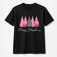 Preppy Animal Print Holiday Graphic Tee, Merry Christmas Pink Leopard Tree T-Shirt, Adorable Coquette Xmas Shirt, Women Holiday Tee