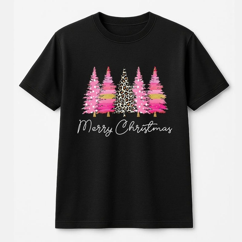 Preppy Animal Print Holiday Graphic Tee, Merry Christmas Pink Leopard Tree T-Shirt, Adorable Coquette Xmas Shirt, Women Holiday Tee