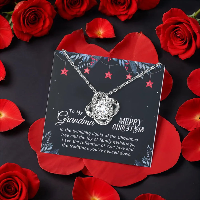 Merry Christmas Jewelry Present, Grandma Love Knot Necklace, Rotating Rose Box Love Knot Pendant, Cubic Zirconia Love Knot Holiday Present