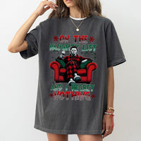 Naughty List Horror Graphic Tee, Slasher Movie Christmas T-Shirt, Humorous Creepmas Holiday Shirt, Retro Slasher Shirt, Horror Fan Xmas Present