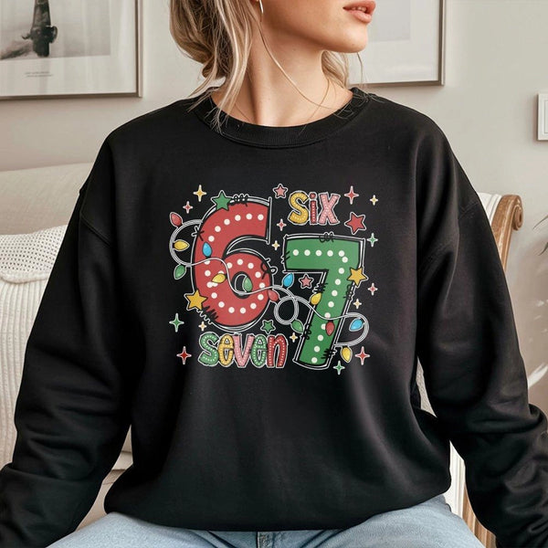 Retro Holiday Lights Sweatshirt, 67 Christmas Sweatshirt, Humorous Xmas Graphic Crewneck, Vintage Holiday Sweatshirt, Present