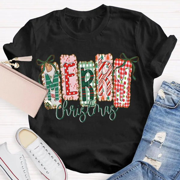 Retro Festive Holiday T-Shirt, Merry Christmas Colorful Square Font Shirt, Merry Xmas Graphic Tee, Holiday Season Family Part