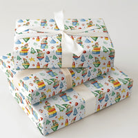 Whimsical Holiday Toy Gift Wrap, Watercolor Christmas Elves Wrapping Paper, Adorable Kids Xmas Wrapping Paper, Retro Toy Elf Holiday Present Paper