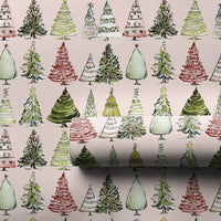 Pink Holiday Gift Wrap, Watercolor Christmas Tree Wrapping Paper, Festive Pine Tree Present Paper, Adorable Winter Holiday Wrapping Paper Roll