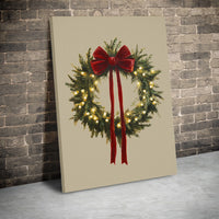 Illuminated Holiday Canvas Wall Art, Christmas Wreath Canvas Print, Red Bow Winter Canvas Decor, Festive Xmas Painting