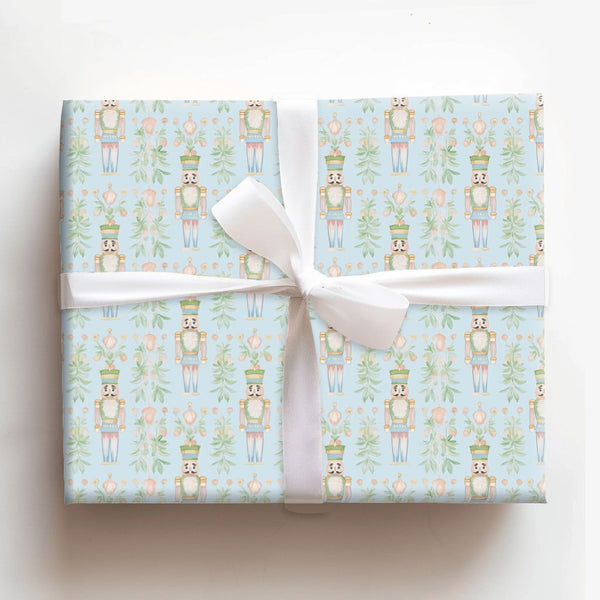 Christmas Soldier Holiday Gift Wrap, Watercolor Nutcracker Wrapping Paper, Pastel Floral Wrapping Paper, Light Blue Festive G