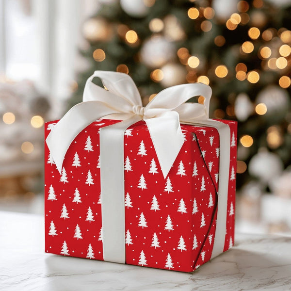 Red Snowflake Holiday Gift Wrap, Christmas Tree Wrapping Paper, Festive Red and White Wrapping Paper, Adorable Xmas Gift Wrap