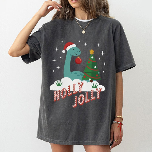 Adorable Festive Dino T-Shirt, Holly Jolly Dinosaur Christmas Shirt, Retro Holiday Dinosaur Graphic Tee, Xmas Dino Shirt, Fam
