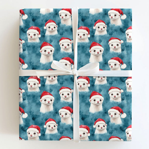 Adorable Santa Hat Pet Gift Wrap, Ferret Christmas Wrapping Paper, White Ferret Animal Wrapping Paper, Winter Holiday Aesthet
