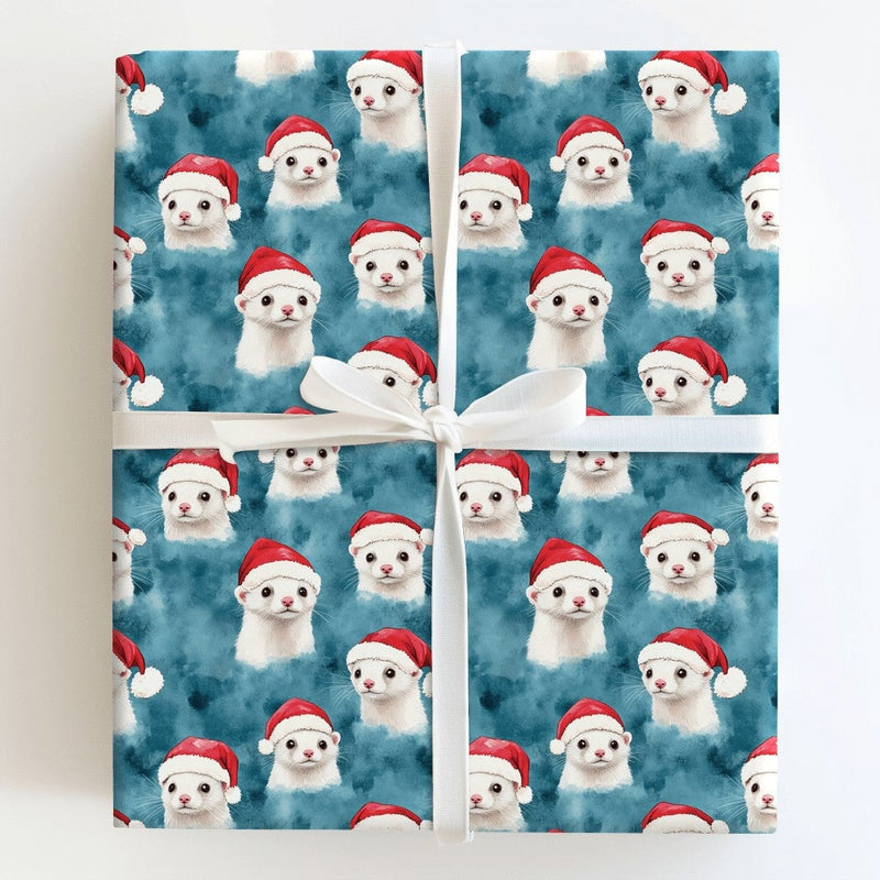Adorable Santa Hat Pet Gift Wrap, Ferret Christmas Wrapping Paper, White Ferret Animal Wrapping Paper, Winter Holiday Aesthetic Wrapping Paper