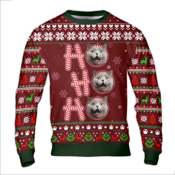 Custom Pet Photo Christmas Sweater, Custom Cat Ugly Sweater, Ho Ho Ho Cat Lover Holiday Sweater, Humorous Xmas Sweatshirt, Pr