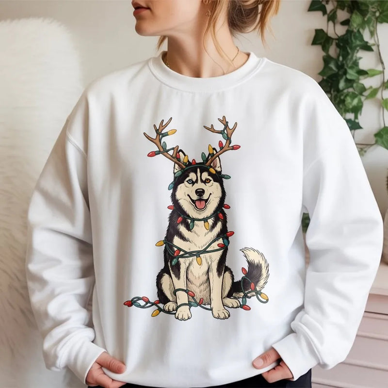Husky in Christmas Lights Crewneck, Christmas Husky Sweatshirt, Reindeer Antlers Husky Sweater, Holiday Dog Lover Pullover, Xmas Present