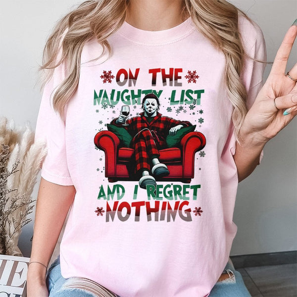 Naughty List Horror Graphic Tee, Slasher Movie Christmas T-Shirt, Humorous Creepmas Holiday Shirt, Retro Slasher Shirt, Horro