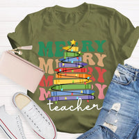 Holiday Classroom Graphic Shirt, Crayon Christmas Tree Teacher T-Shirt, Adorable Festive Xmas Tee, Present for Teachers