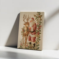 Christmas Holly Wreath Canvas Print, Vintage Santa with Reindeer Canvas Wall Art, Retro Holiday Wall Decor, Winter Xmas Wall Hanging